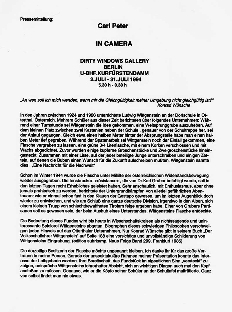 Kryptische Konzepte: Carl Peter, Ausstellung In camera, Einladung