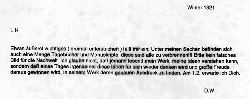 Kryptische Konzepte: Carl Peter, Ausstellung In camera, Wittgenstein-Brief